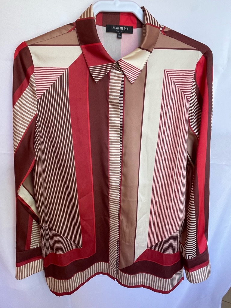 Lafayette 148 New York Geometric Blouse Size M Designer Career Top Silk Feel